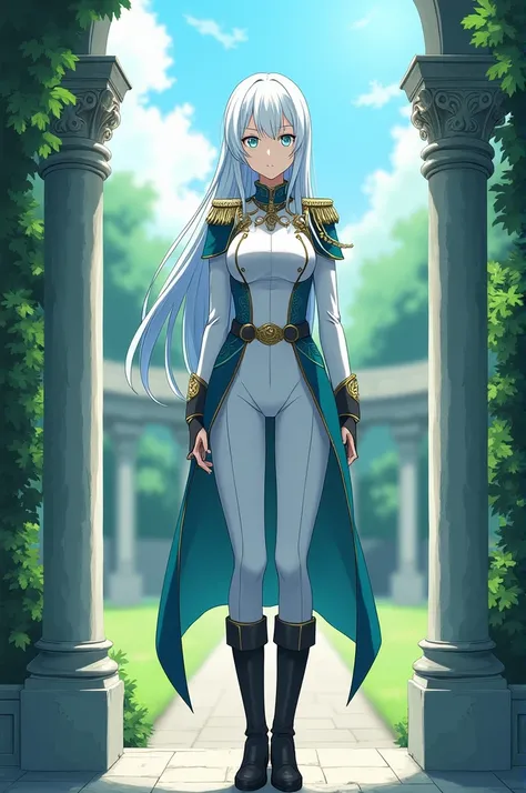  Malachite mens anime blue eyes straight white hair long white military uniform white and blue black boots, Full body anime style, standing guard alone in the castle garden  