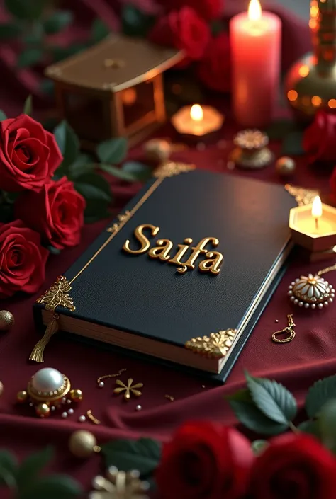 A beautiful vibrant deep black diary with the name" Saifa "in written of   3D golden letter by the beautiful stylish font. beside, there are have some black and vibrant red rose, a gorgeous candle light, a golden mobile, some ornaments and a sunglass.it is...