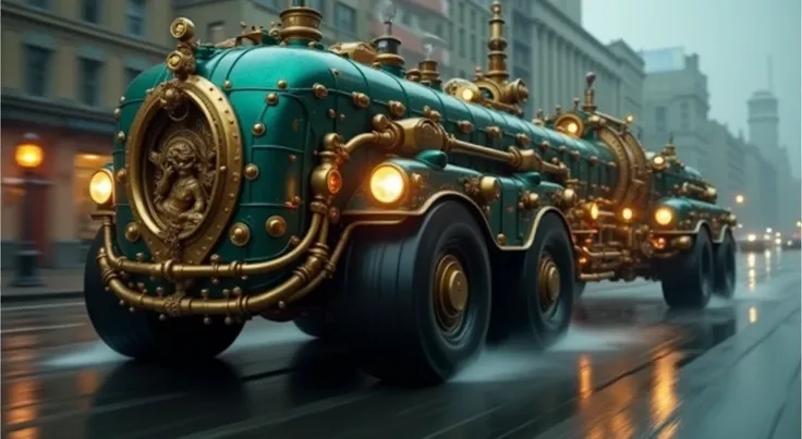  heavy 8-wheeled BUS COLOR DARK GREEN STEAMPUNK STYLE WITH SHINY SAPPHIRE PLATES ,  on the front has the sculpture of the goddess of the seas completely incorporated into the structure of the bus,  props riding at high speed on steampunk city streets , lot...