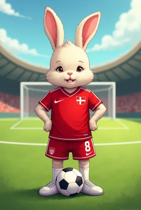 A rabbit in the uniform of the Danish national soccer team