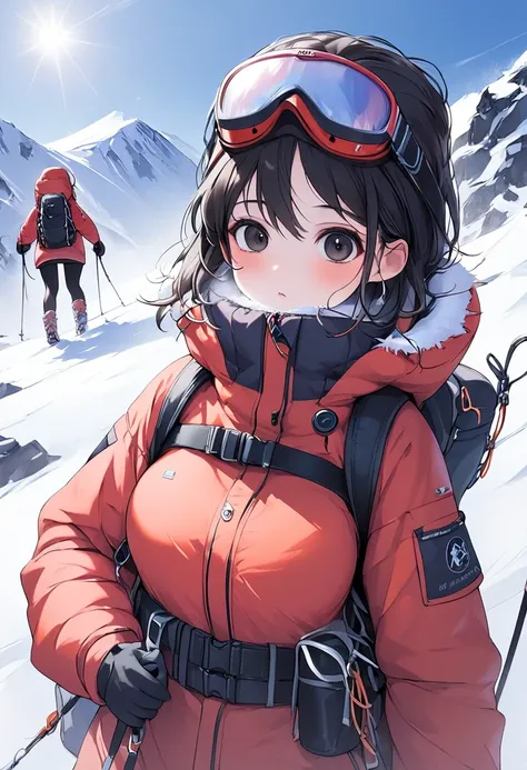  young girls climbing a mountain with mountain climbing equipment . Lots of snow extreme cold wind . Atlético bodies big breasts big buttocks long loose black hair black eyes short dress pronounced neckline red likra 