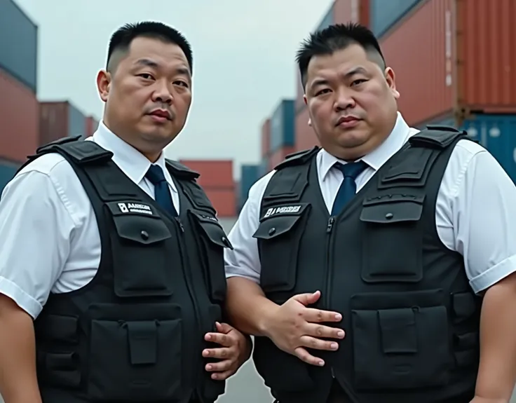  Best Quality ,  facial focus,  super high resolution, (Reality:1.4),  RAW Photo , Two obese young Chinese men wearing black police-style tactical vests， white shirt ，Short hair flat head，Lips tightly closed，Dark blue tie、 have a serious expression ， facin...