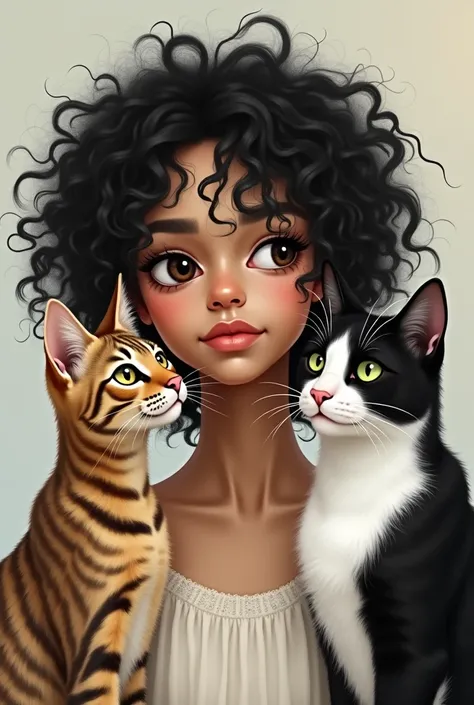 Create a drawing of a white woman with black curly hair with a striped cat and another black and white cat