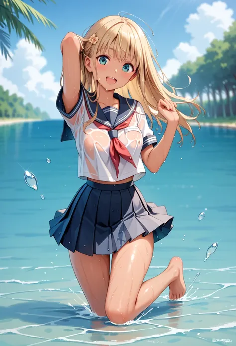 masterpiece, best quality, delicate illustration,ultra detailed skin,
(1girl:1.2), (solo:1.2), tan, sexual (midSummer school uniform:1.2), mini skirt, (nipple:0.5), Outdoor, (motion:1.1),  (Entering the sea:1.3), (wet:1.2), (Excited:0.9), (ass:0.3), (baref...