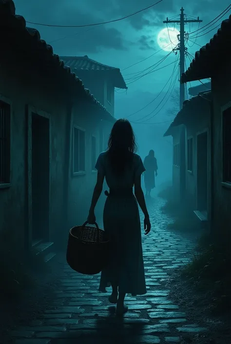  A woman walking with a basket in a village,  on a scary and dark night , with an evil being following her .