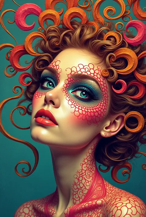 A vibrant portrait of a  Feminine curves., where the skin is intricately composed of fractal patterns in vivid vintage colors like turquoise, burnt orange, and hot pink. Her eyes are striking, framed by delicate fractal shapes that extend outward, blending...