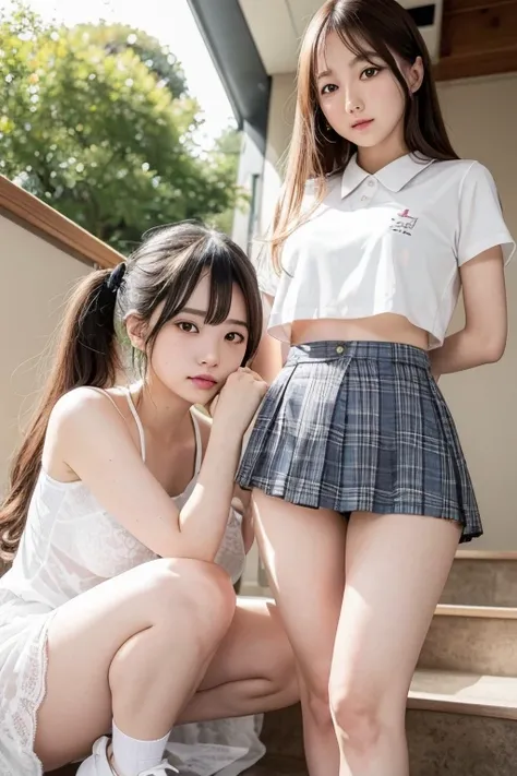 Blonde,  Twin Tails ,  high school girl,   Japanese Gals,  opens crotch, smile,  feet 、(4K,  top quality,  high definition :1.1), Probably., 18 years old、 on the tip of the nose ,  lies down,  crouching , 両feetを上げる、 can see her panties ,  draw to see the c...