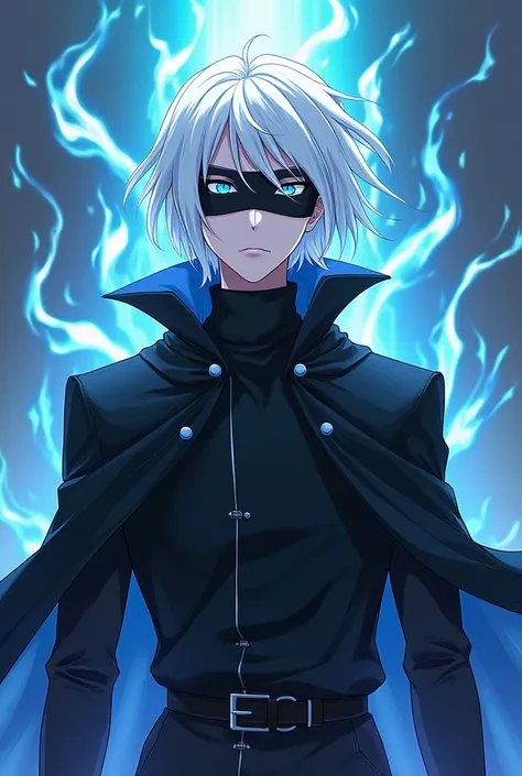 Create anime image of an overpowered  teacher with powers with white hair blue eyes black blindfold and black clothes