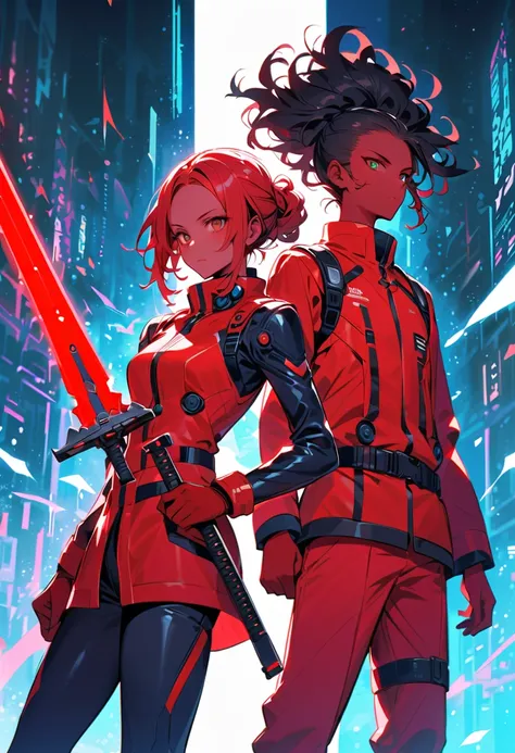 red skin, (matte skin), ((cor red skin, red military clothes, (man), clothes with futuristic elements,  skinny, clothes with futuristic lights, (Sci-Fi Suit), Military clothing with cybernetic elements, clothes tech, holding blade sword, african hair locs,...