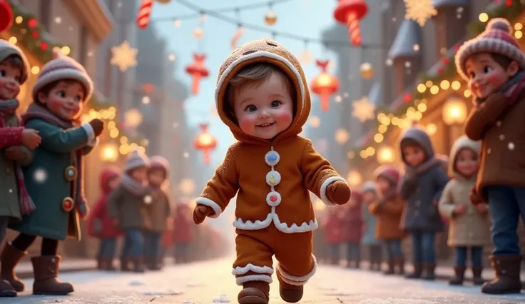 A one-year-old boy dressed as a Gingerbread Man, his costume perfectly shaped like a delightful gingerbread cookie, complete with faux frosting details in white and colorful candy-like decorations. The boy has a cute, heartwarming smile as he toddles down ...