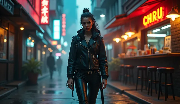 Handsome futuristic Blade Runner 38 years old woman, Alley, Bar noodle, night, steam