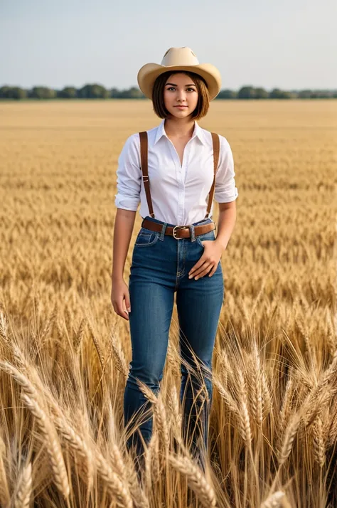 short hair, young 18 year old dressed in cowgirl outfit standing in a wheat feild