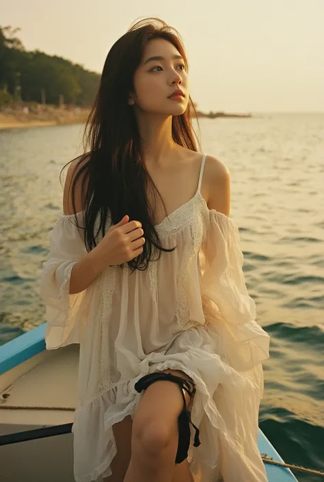 a Sweet Thai girl around 20 year old with long hair, a cleavage white dressed in ruffled hem chemise lingerie, chilling pose,  she holding a fishing lod ,on a fishing boat, ocean beach  background , dark theme , sun light, Kodak Gold 200 film