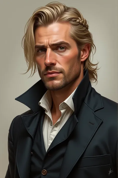 39-year-old French man with blond hair and his hair styled in a braid. His eyes are brown. pale skin with freckles . He is tall and strong. elegantly dressed. in realistic style.