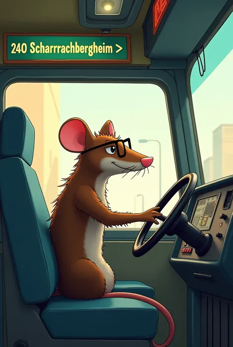 Image d’un rat métisse avec des lunettes rectangulaire fine qui conduit un bus interurbain et sur la girouette du bus il y’a marqué 240 Scharrachbergheim 