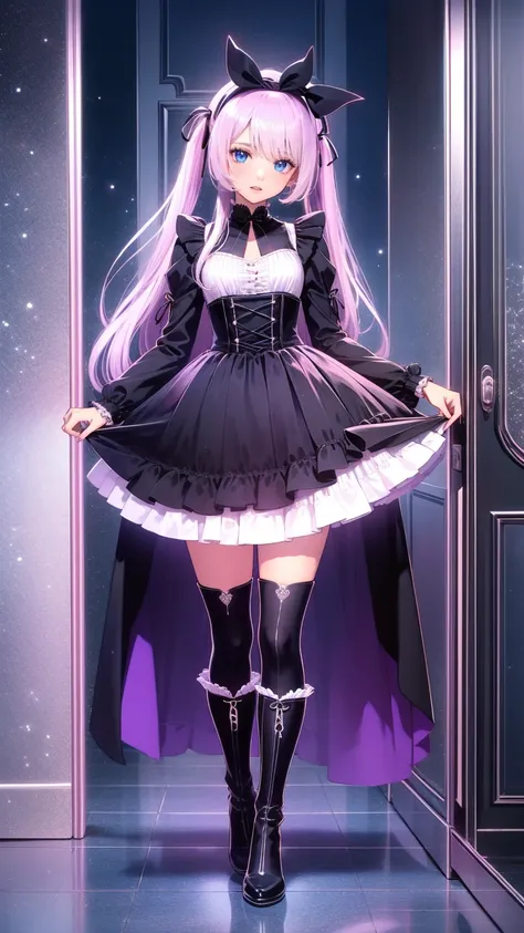    anime style 、story、、   cute女の子 、とてもcute天使、   pink gothic dress standing in front of the front door 、cute、baby face、smile、   Long Skirt 、    black boots 、Very cute headband
