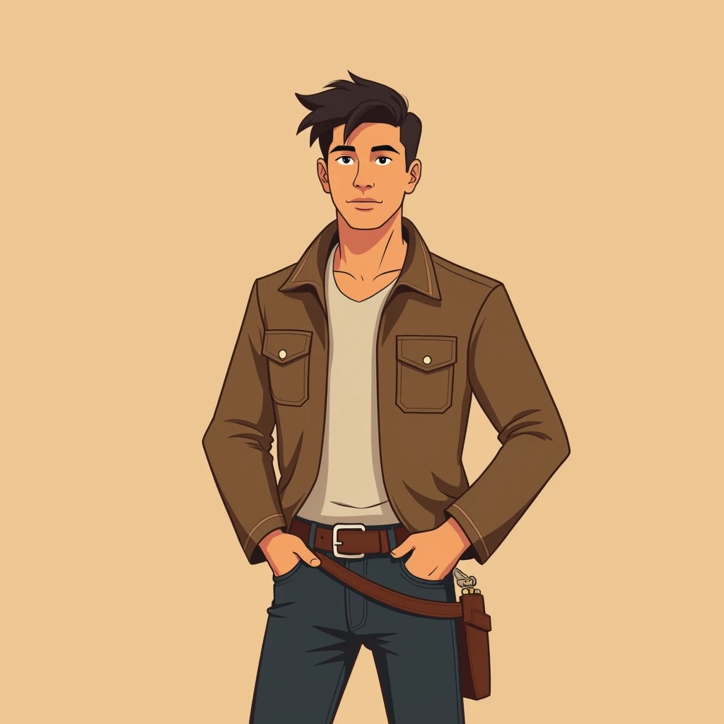 Western 26 years old boy, Illustrated webtoon art style image,minimalist, simple solid color, look at viewers, close mouth,
