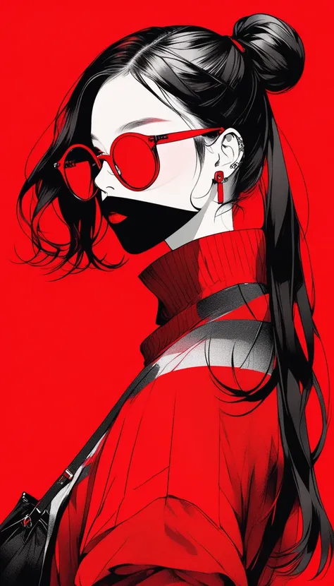  illustrator, Anime ,  realistic  ,sketch ,  1 girl, ,lip,  sweater ,order, Red gradient background,  Black and red hair , textured trim , Canada, (masterpiece, top quality) two buns fashion hair , stylish transparent sunglasses fashion ,British fashion , ...