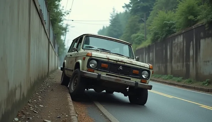 Koreas old Korando SUV, The condition is not very good , The car is falling at an angle. One of the wheels is missing and its flying, Im running against a wall on an asphalt downhill road