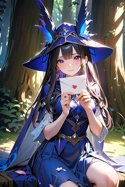 1 girl, (beautiful face), 22 years old, long hair, (nervous expression), (wearing a high fantasy mage outfit), knee length, (purple and silver), medium breasts, slim, (holding a love letter:1.2), 
BREAK 
hidden behind a tree, enchanted forest, (waiting for...