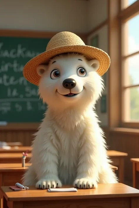 A polar bear wearing a straw hat in a school
