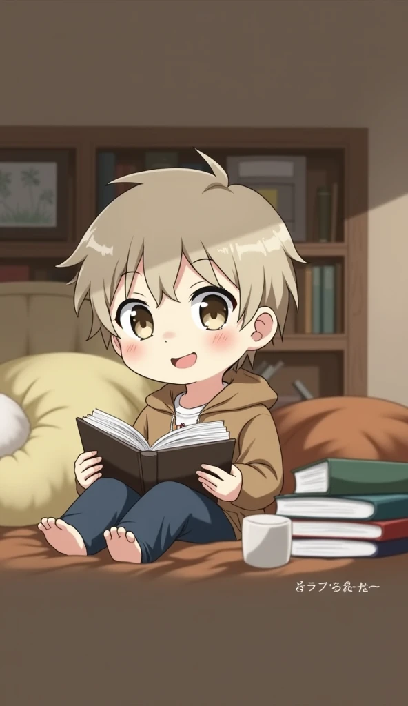 beige haired anime boy happily reading a book