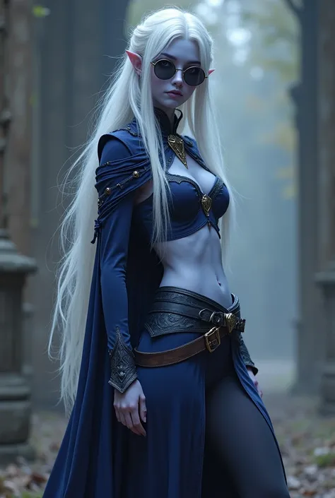 A full body image of a Drow woman standing with grey-blue skin, purple eyes, long white hair, and a petite build.  She looks to be sixteen years old an is dressed in a form-fitting and fairly skimpy flashy MMORPG Style mage robes that hugs her body and has...