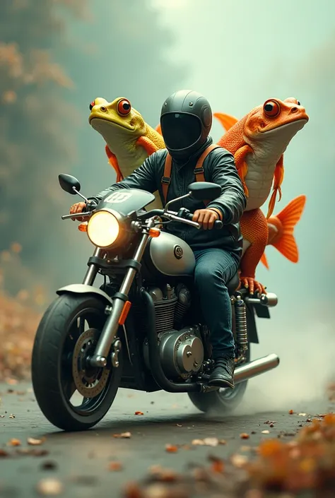 A motorbike carrying a fish a snake and a frog