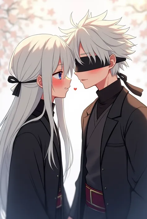  Photos of a couple of boys with white hair, ( with long white hair, black coat and black belt covering the eyes ) (boy with short white hair , black coat and black belt covering the eyes ),  Red cheeks ,  charming smile , in love, cartoon style