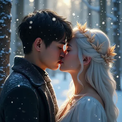 "Create a romantic winter kiss scene featuring a black-haired man and a white-haired woman. The couple shares a tender kiss in a snowy, serene forest setting. The kiss is partially hidden by glowing, sparkling snowflakes, adding a magical and mysterious to...