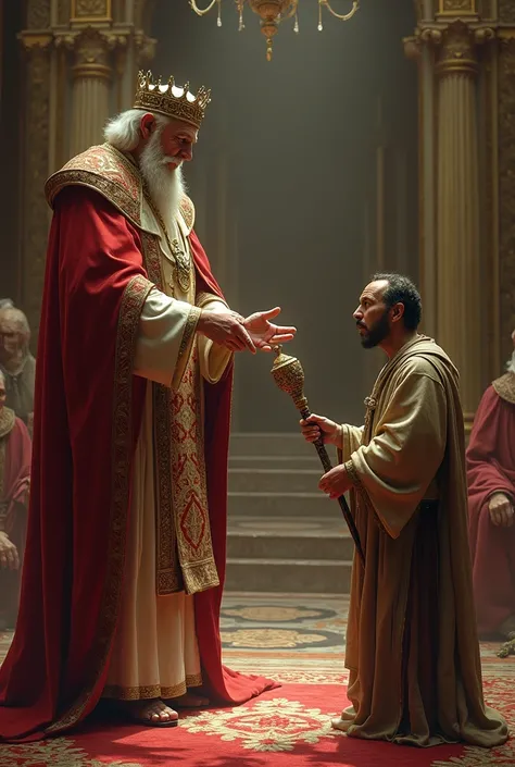  An image of a king holding out the scepter (as an act of favor and kindness )  for a humble and very poor servant 