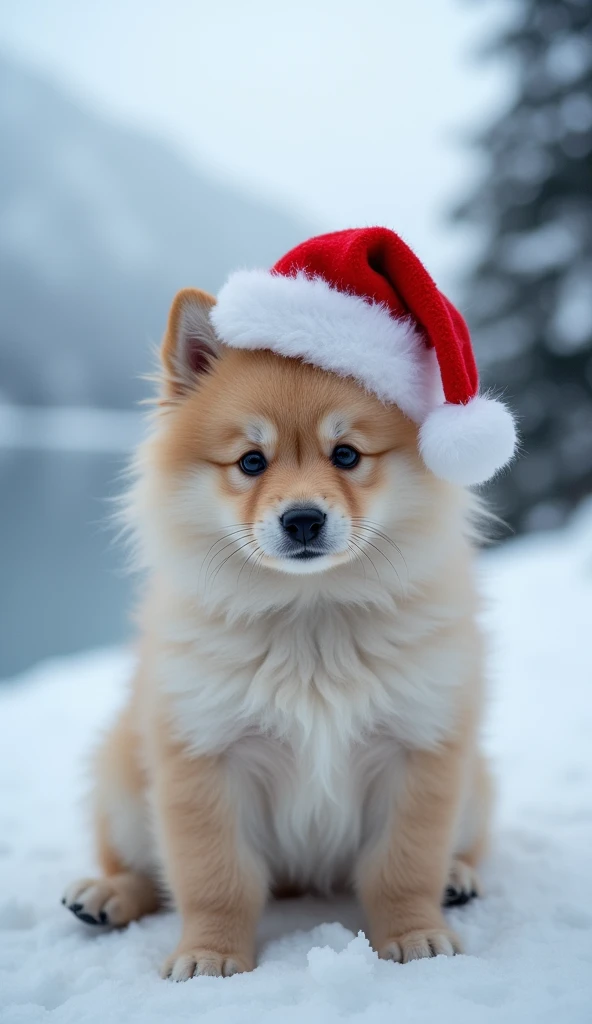 Real. Photorealistic. The image is in vibrant color.
Photo, highly detailed

A little Spitz puppy in a Santa hat is sitting.
Looking at the camera.

In the background is a winter Finnish fjord.

The photo captures a festive atmosphere and a cinematic quali...