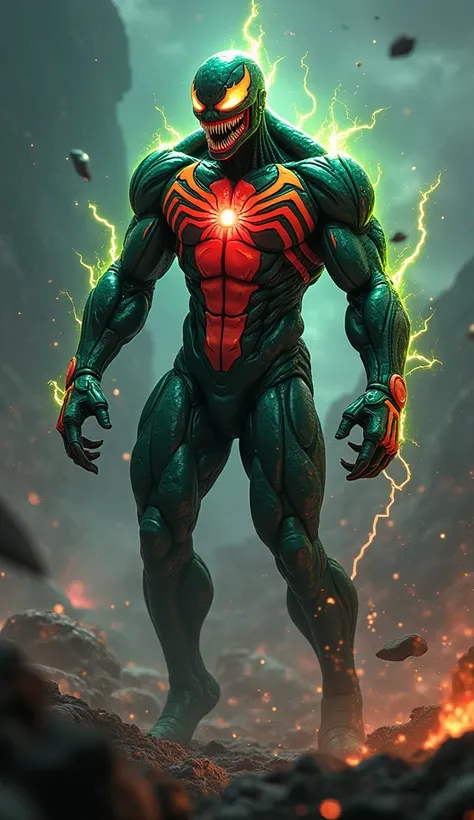 Design a hyper-realistic hybrid character combining the features of Vision and Venom into a single, monstrous entity. The hybrid has the symbiotic, textured skin of Venom but infused with Visions vibrant red and green colors, glowing yellow circuits, and a...