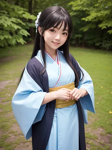  1 girl,  long hair,  with your right hand and look, Alone,  high definition ,  smiles,  open her mouth ,  simple background, 4K,Germany,German people ,Japanese clothing, shiny,Japanese clothingの女の子、 kimono,kimono