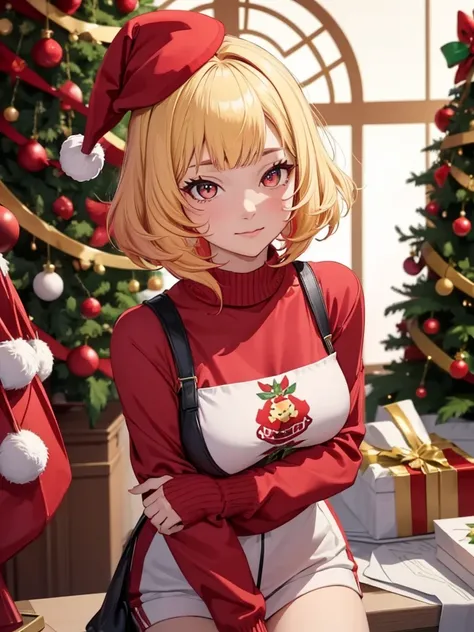 1girl, wearing a sexy Christmas jumper with a red Christmas hat, near a indoor Christmas tree, Christmas winter season, blonde colour short hair, "Genshin Impact Emilies" hair style, 8k, high detailed, high quality, high accuracy