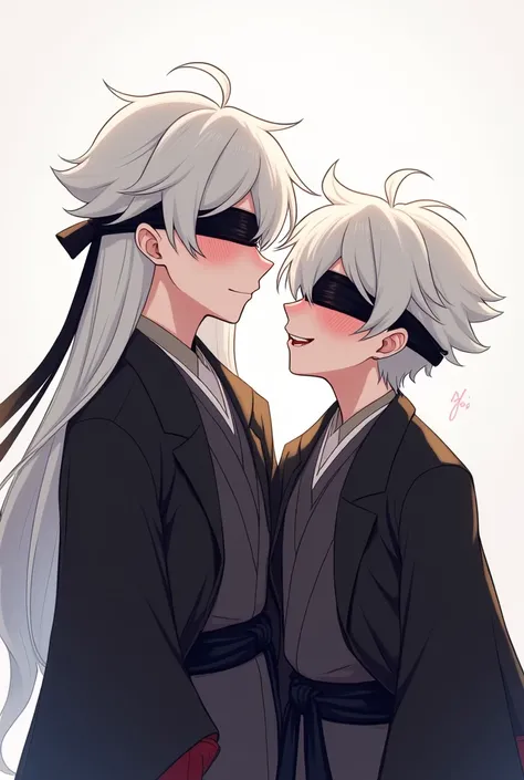  Photos of a couple of boys with white hair, ( with long white hair, black coat and black belt covering the eyes ) (boy with short white hair , black coat and black belt covering the eyes ),  Red cheeks ,  charming smile , in love, cartoon style, woman and...