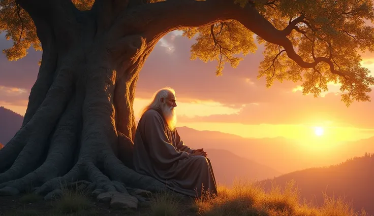 An ancient old man with silver hair and weathered skin sits beneath a sprawling ancient tree with golden leaves, radiating serenity and wisdom. The setting sun casts vibrant hues of orange, purple, and gold across the sky, while soft beams of light filter ...