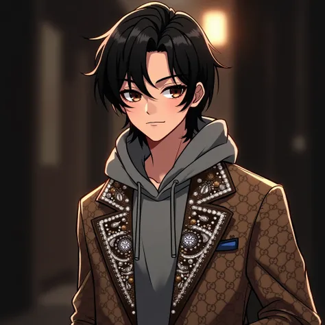 cute little chibi young man with mid long black hair is wearing a brown Gucci jacket with a white and black Gucci pattern.He is also wearing a grey hoodie underneath.The jacket is covered in rhinestones.The background is dark and blurry.The man is looking ...