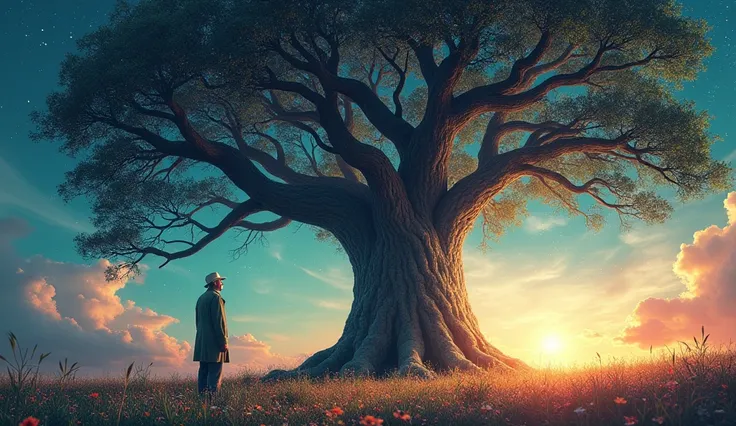 "The ancient tree becomes a central symbol, its massive branches stretching into a vibrant, multi-colored sky filled with stars, swirling clouds, and streaks of light. The old man stands at the base of the tree, his figure small yet filled with purpose, ga...