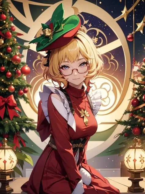 Emilie from Genshin Impact, 1woman, wearing a sexy Christmas jumper with a red Christmas hat, near a indoor Christmas tree, Christmas winter season, blonde colour short hair, "Genshin Impact Emilies" hair style, wearing round spectacle, 8k, high detailed, ...