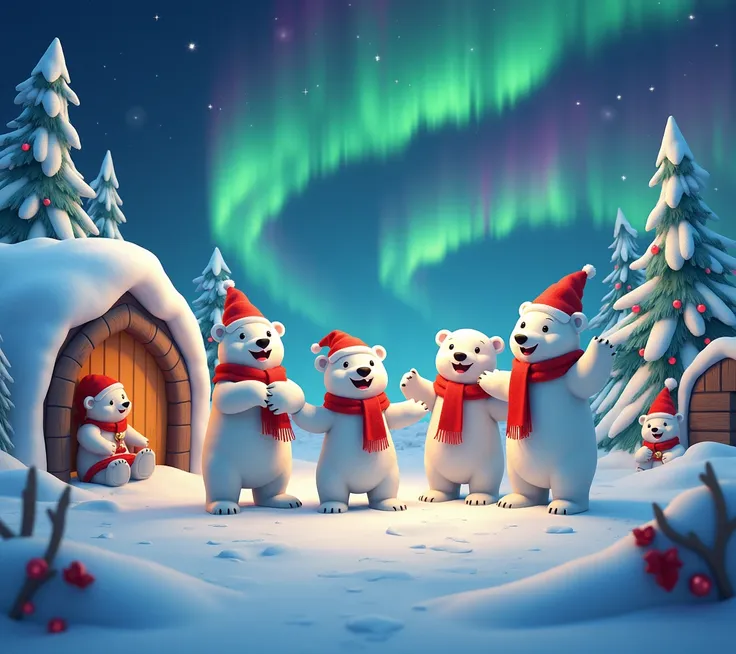 The Christmas North Pole with happy polar bears 