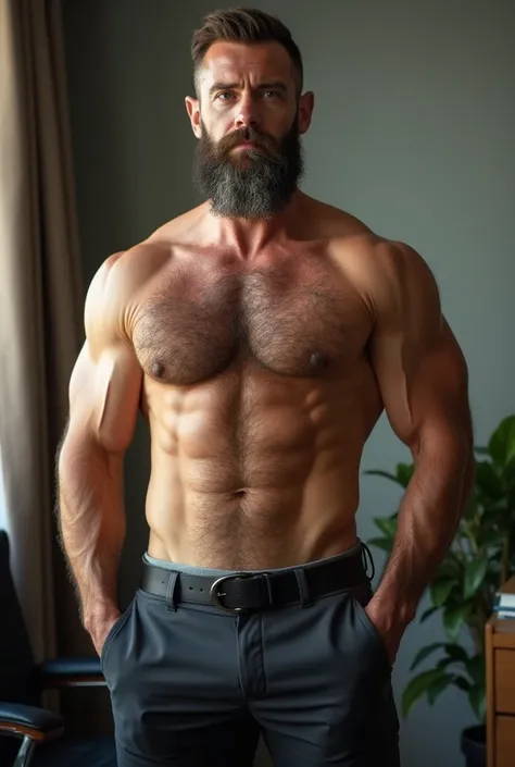 50 year old Hot, handsome, tall and muscular Man, standing in his office, showing his huge muscular and heavy hairy chest, stomach and arms, wearing just formal pant only, have beard, full pic head to toe 