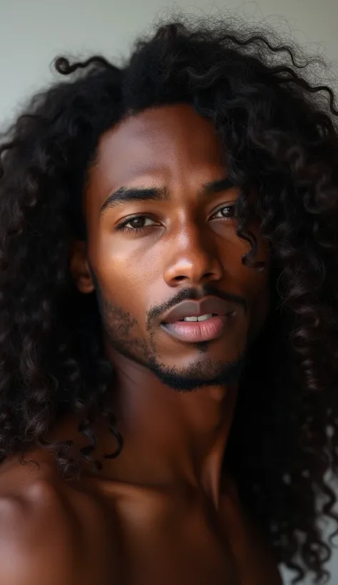 Create an image showing a black man with long, beautiful model-style hair. Generate only the face