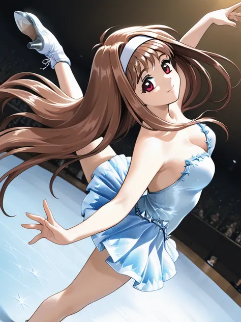 masterpiece, best quality, YuukiMizuho, 1girl, solo, long hair, brown hair, red eyes, medium breasts, hairband, smile, Ice Dance, Ice Dance,figure skating pose,figure skating leg raise, dynamic figure skating poses, dynamic angle, cinematic angle,