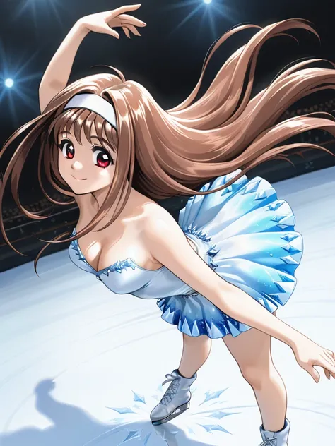 masterpiece, best quality, YuukiMizuho, 1girl, solo, long hair, brown hair, red eyes, medium breasts, hairband, smile, Ice Dance, Ice Dance,figure skating pose,figure skating leg raise, dynamic figure skating poses, dynamic angle, cinematic angle,