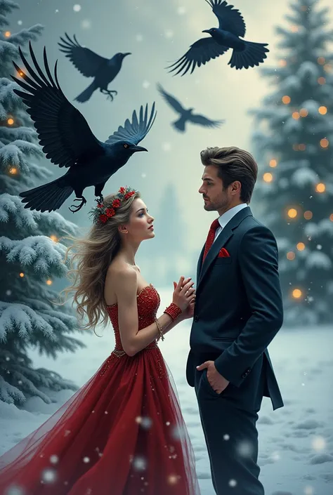 The Ratio is 9:6, Lots of Crow birds with Beautiful lady and handsome man with the theme of Christmas 