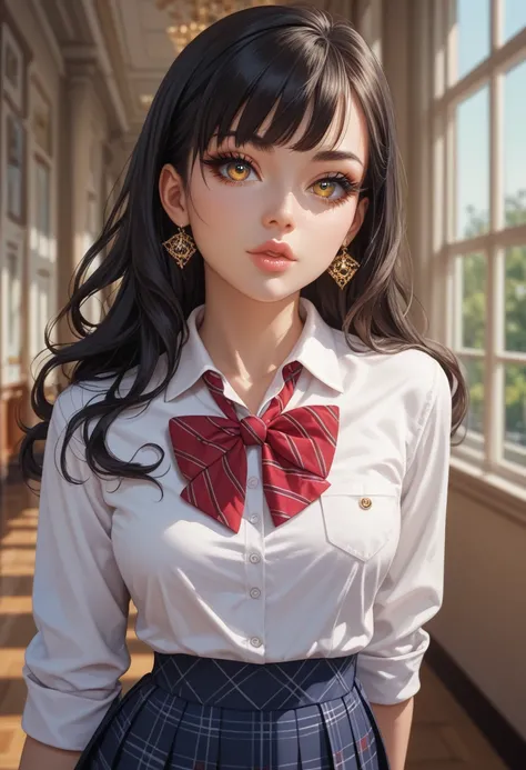 1girl, beautiful detailed eyes, beautiful detailed lips, extremely detailed face, long eyelashes, dark hair, golden eyes, interesting school uniform, short skirt, long-sleeved shirt, funny pattern, 