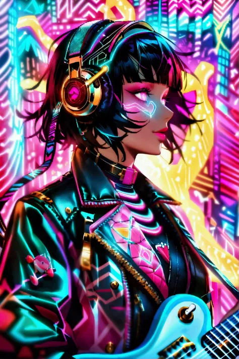 "A vibrant, hand-drawn digital character featuring a humanoid figure with a vintage electric guitar fused as their head. The guitar strings glow with neon energy, pulsating in dynamic, animated waves. The character wears a mix of rockstar-inspired leather ...