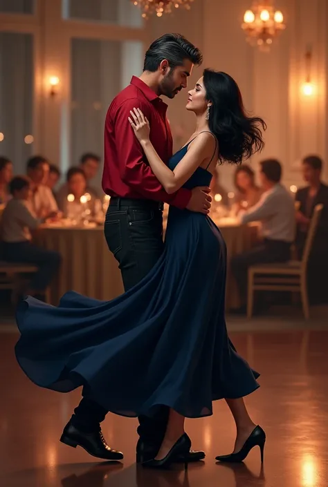   Couple dancing. He is tall , Approximately 40 years old, with black hair with some gray threads  ,  red shirt,  black jeans and dress shoes  .  She is slightly shorter than him   ,   with a thin waist and wide hips  ,  medium black hair ,    of a navy bl...