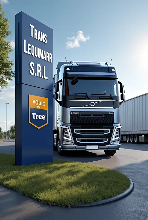  truck Create a realistic sign with the name of " TRANS lEQUIMARR S.R.l."  with an image of a Volvo 
